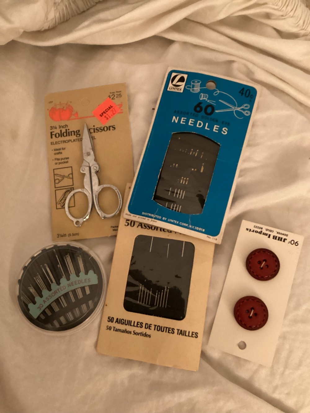 Sewing Notions Lot — Red Buttons & Assorted Needles VTG Dritz & Lyntex
